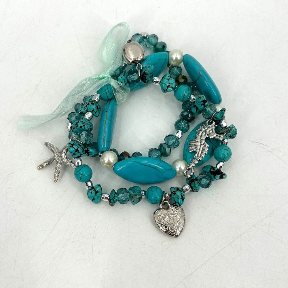 Blue Green Turquoise Silver Beaded Layered Bracelet Costume Jewelry